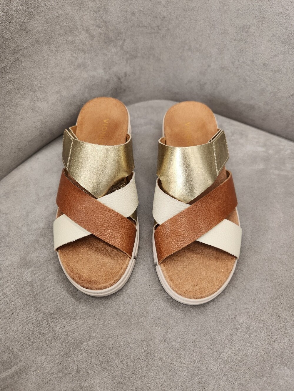 Vionic Wedge Sandals 9.5 Brown Gold Leather Uptown Sunset Comfort Slides New$135